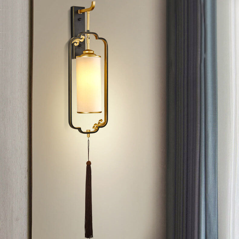 Chinese Copper Iron Glass Column 1-Light Wall Sconce Lamp