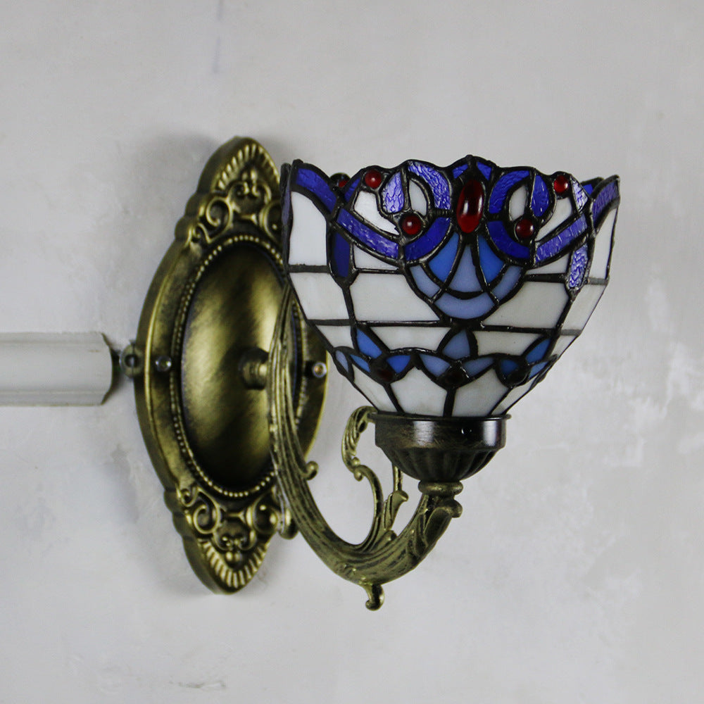Tiffany Glass Iron Round Bowl 1-Light Wall Sconce Lamp