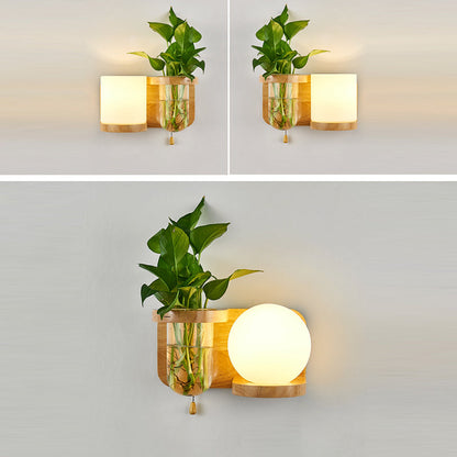 Rectangular Orb Glass Wood 1-Light Wall Sconce Lamp