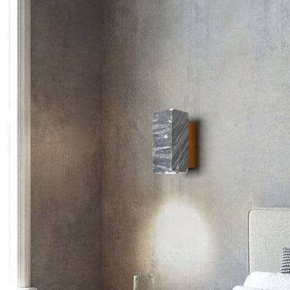 Round Stone Wood Cylinder Square 1-Light Wall Sconce Lamp