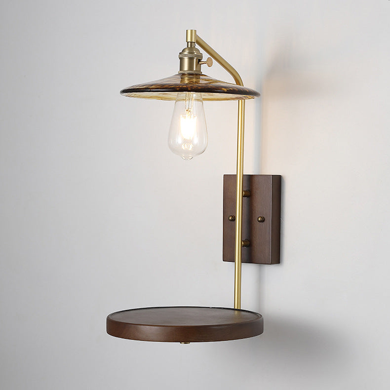 Traditional Round Wood Iron Glass 1-Light Wall Sconce Lamp