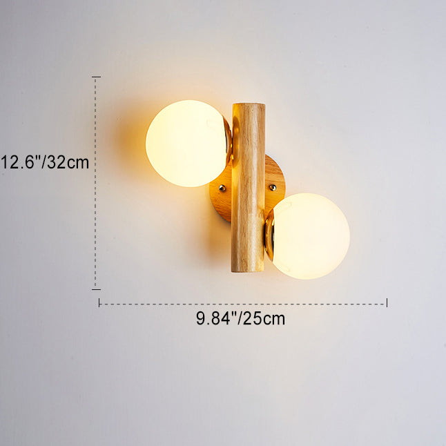 Cylinder Orb Wood Hardware Glass 2-Light Wall Sconce Lamp