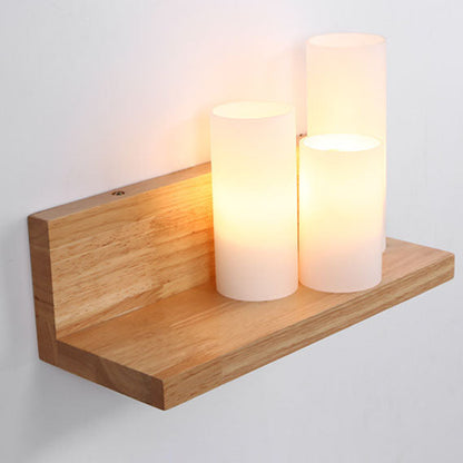 Japanese Cylindrical Wooden Glass 1-Light Wall Sconce Lamp