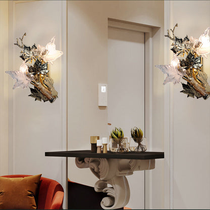 Copper Glass Maple Leaf Branch 2-Light Wall Sconce Lamp