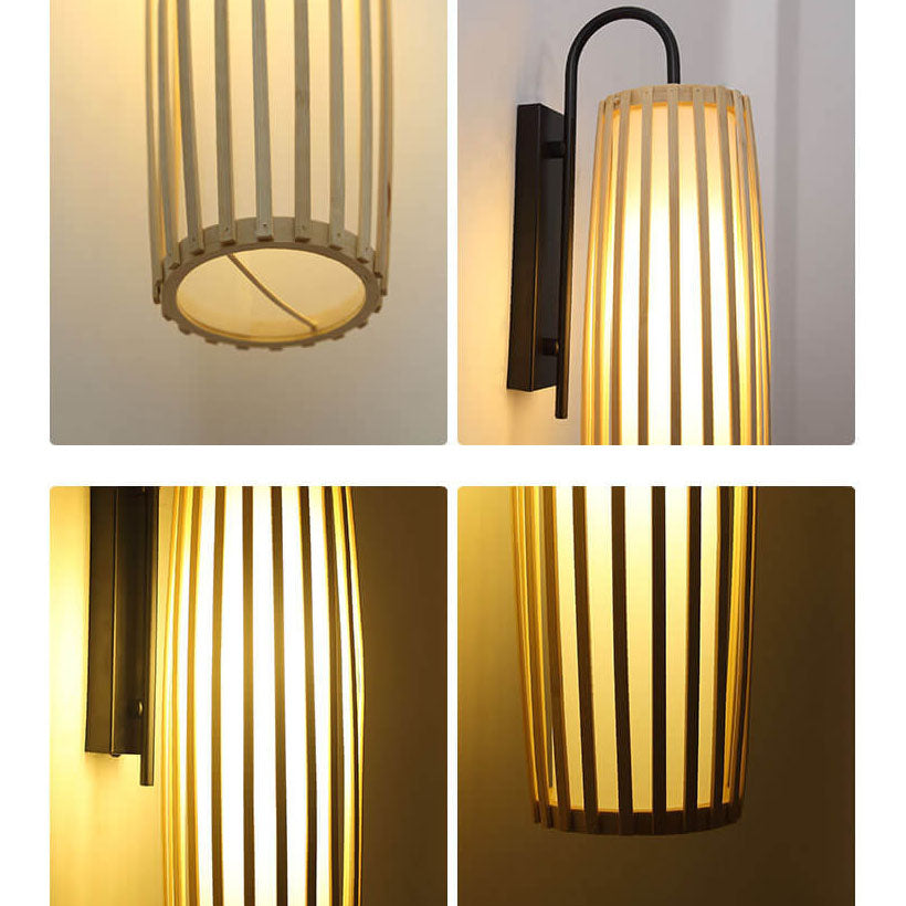 Chinese Bamboo Iron Lantern Column 1-Light Wall Sconce Lamp