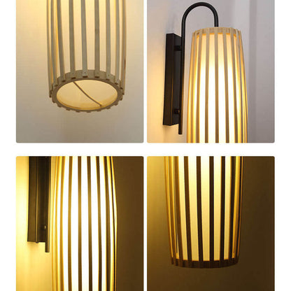 Chinese Bamboo Iron Lantern Column 1-Light Wall Sconce Lamp