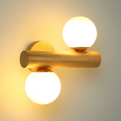 Scandinavian Orb Rubberwood Glass 2-Light Wall Sconce Lamp