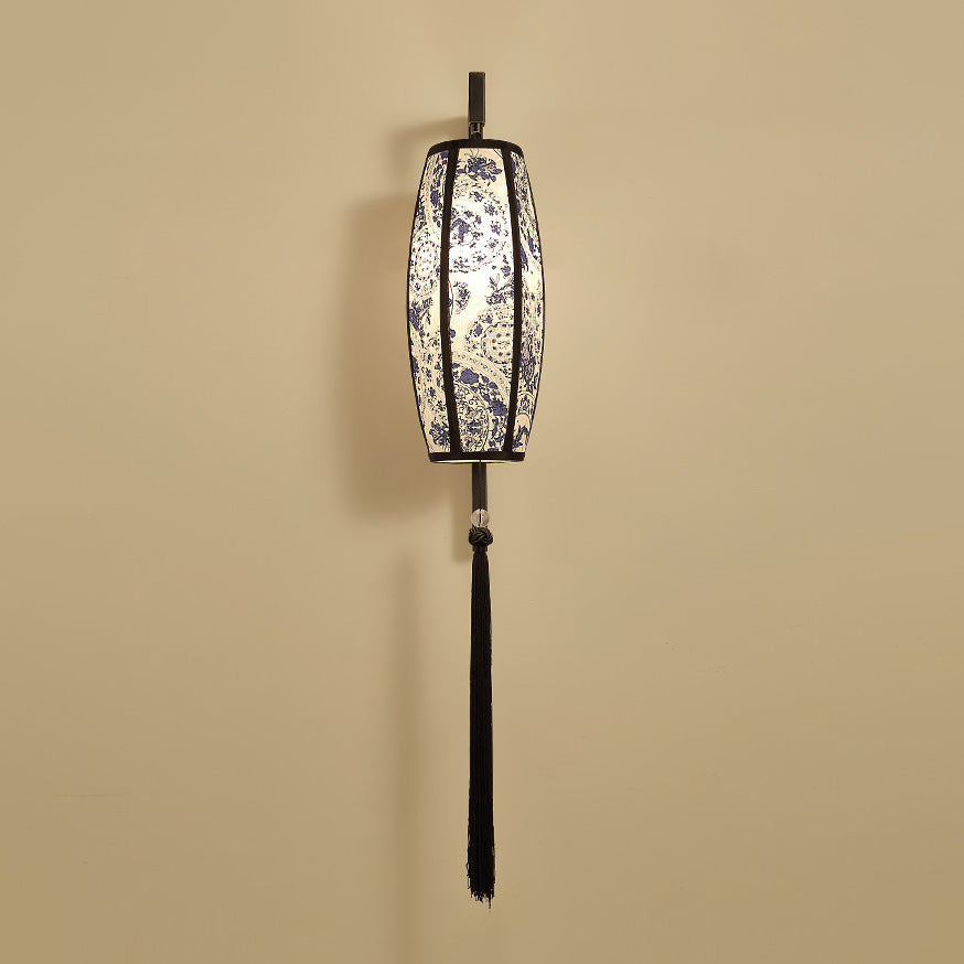 Chinese Vintage Painted Fabric Lantern Tassel 1-Light Wall Sconce Lamp