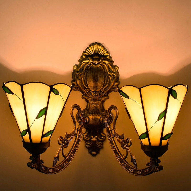 Tiffany Resin Glass Conic Foliage 2-Light Wall Sconce Lamp