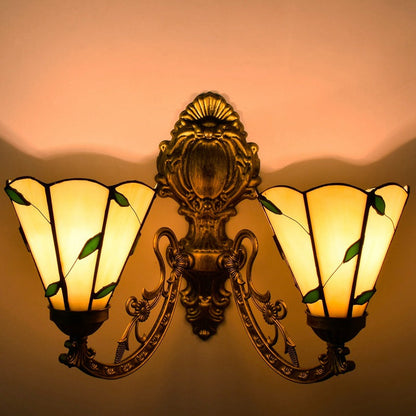 Tiffany Resin Glass Conic Foliage 2-Light Wall Sconce Lamp