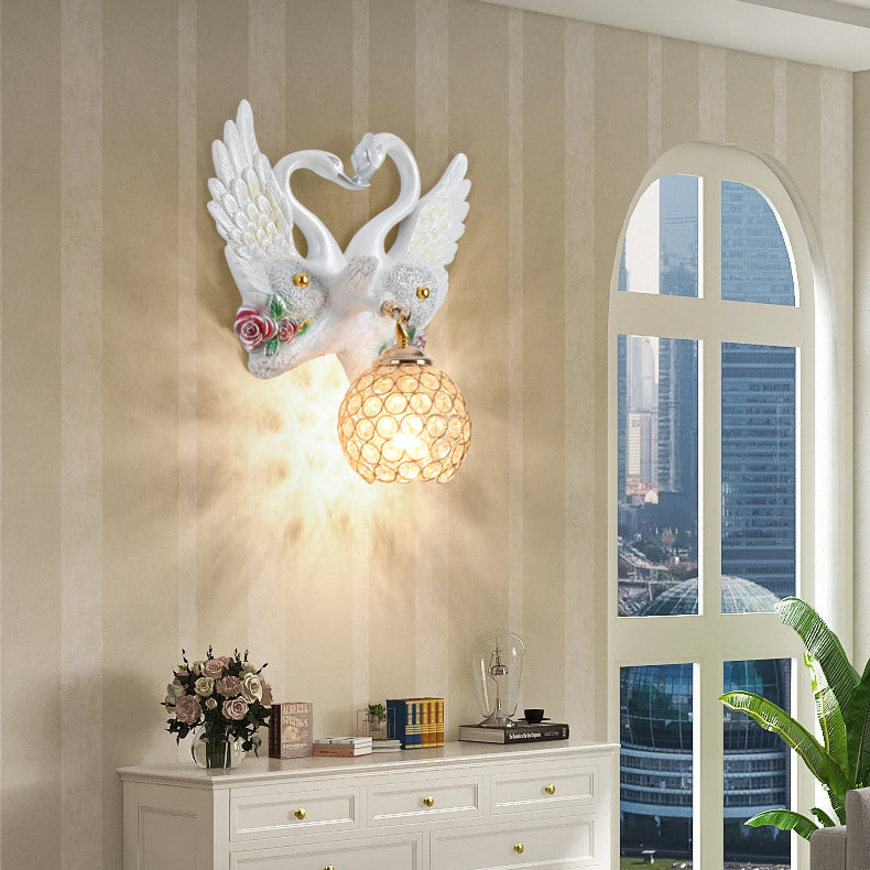 Deco Iron Crystal Couple Swan Ball 1-Light Wall Sconce Lamp