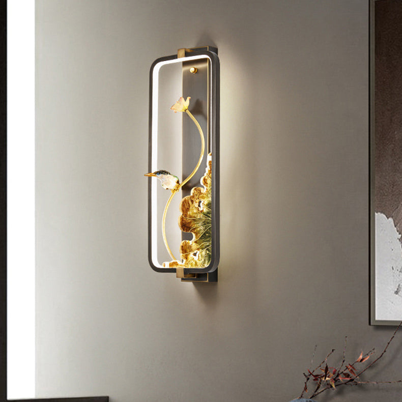 Chinese Copper Rectangular Frame LED Wall Sconce Lamp