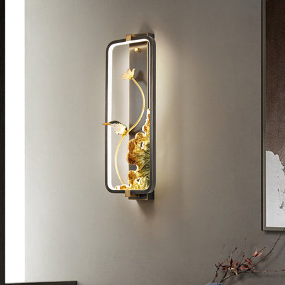 Chinese Copper Rectangular Frame LED Wall Sconce Lamp