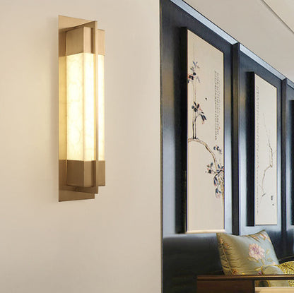 Chinese Copper Faux Marble Rectangular LED Wall Sconce Lamp