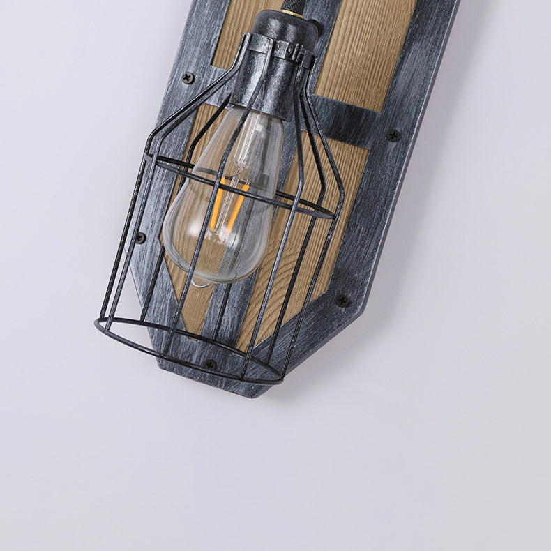 Industrial Pine Wood Iron Cage 1-Light Wall Sconce Lamp