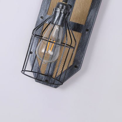 Industrial Pine Wood Iron Cage 1-Light Wall Sconce Lamp