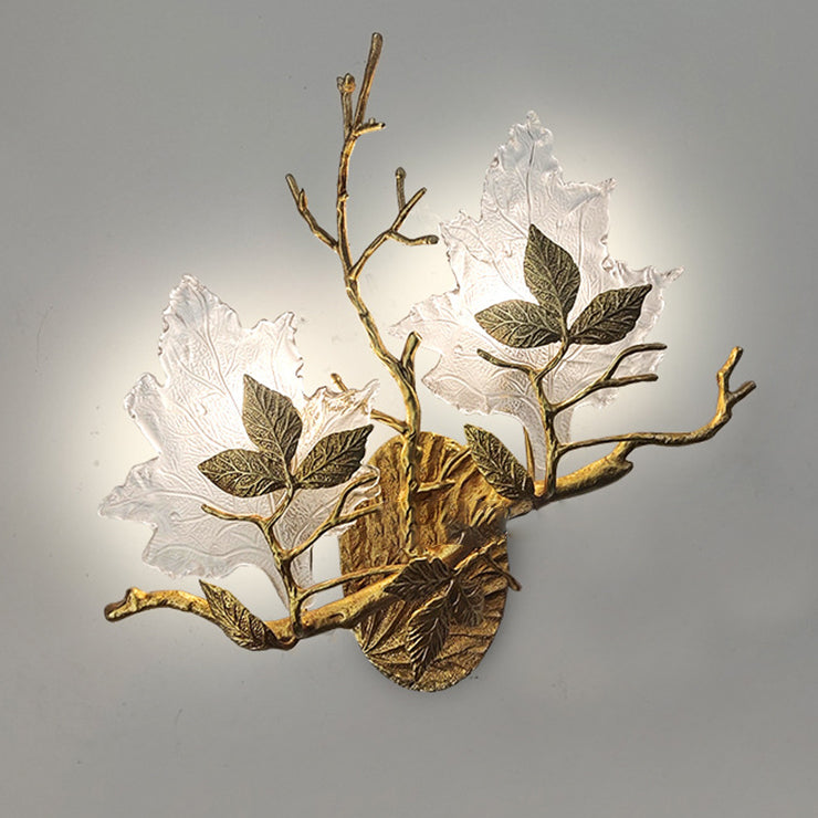 Copper Glass Maple Leaf Branch 2-Light Wall Sconce Lamp