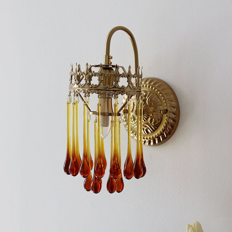 French Brown Water Drop Glass 1-Light Wall Sconce Lamp