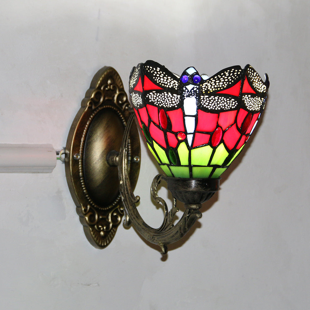 Tiffany Glass Iron Round Bowl 1-Light Wall Sconce Lamp