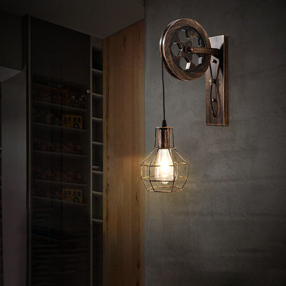 Vintage Iron Pulley Cage 1-Light Wall Sconce Lamp