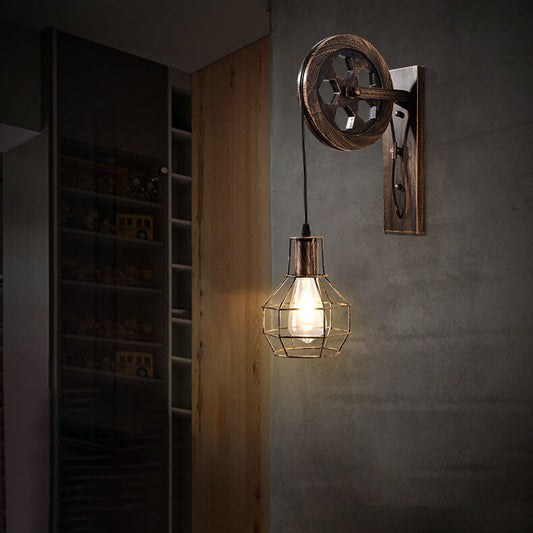 Vintage Iron Pulley Cage 1-Light Wall Sconce Lamp