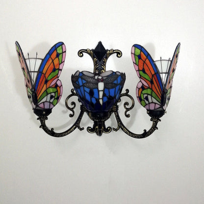 Tiffany Butterfly Alloy Iron Glass 3-Light Wall Sconce Lamp