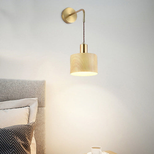 Nordic Minimalist Wood Grain Drum 1-Light Wall Sconce Lamp