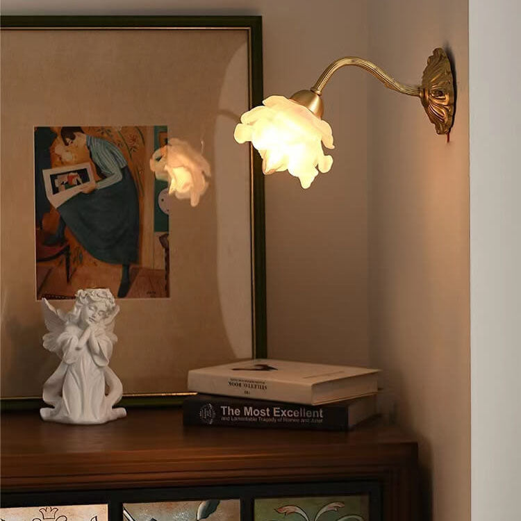 European Light Floral Glass Brass 1-Light Wall Sconce Lamp