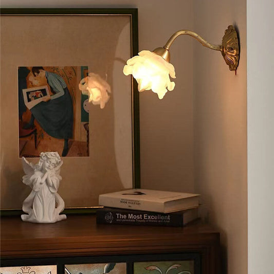 European Light Floral Glass Brass 1-Light Wall Sconce Lamp