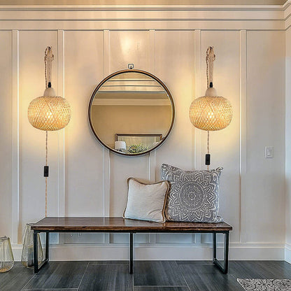 Japanese Round Head Rattan Weaving 1-Light Wall Sconce Lamp