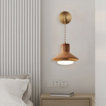 Japanese Round Mushroom Shape Wood 1-Light Wall Sconce Lamp