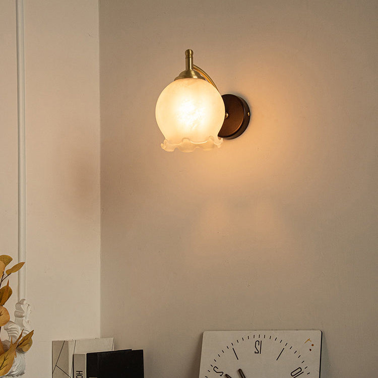 French Flower Shade Solid Wood Base 1-Light Wall Sconce