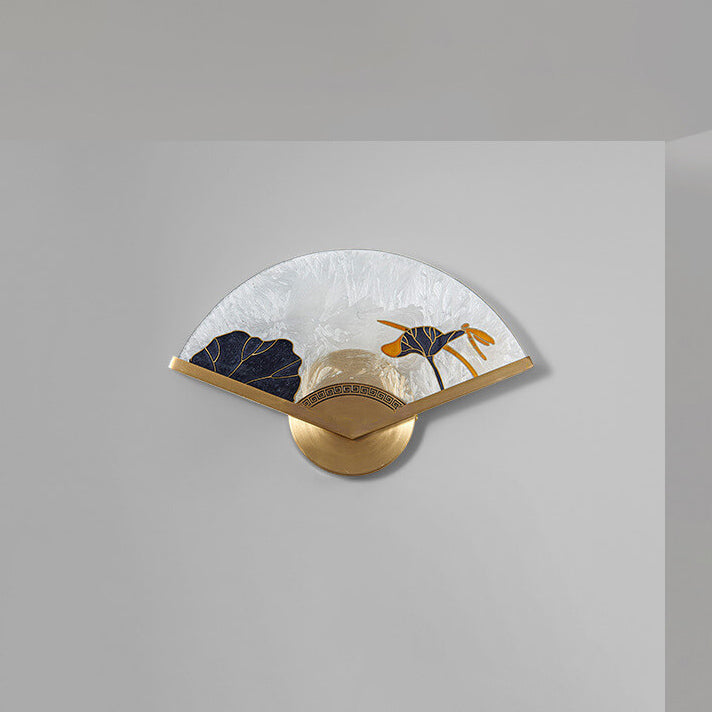 Chinese Glass Folding Fan Shaped Brass LED Wall Sconce Lamp
