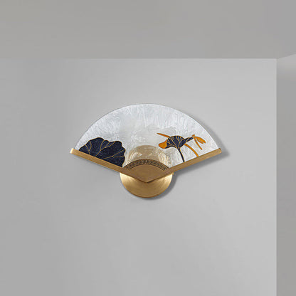 Chinese Glass Folding Fan Shaped Brass LED Wall Sconce Lamp