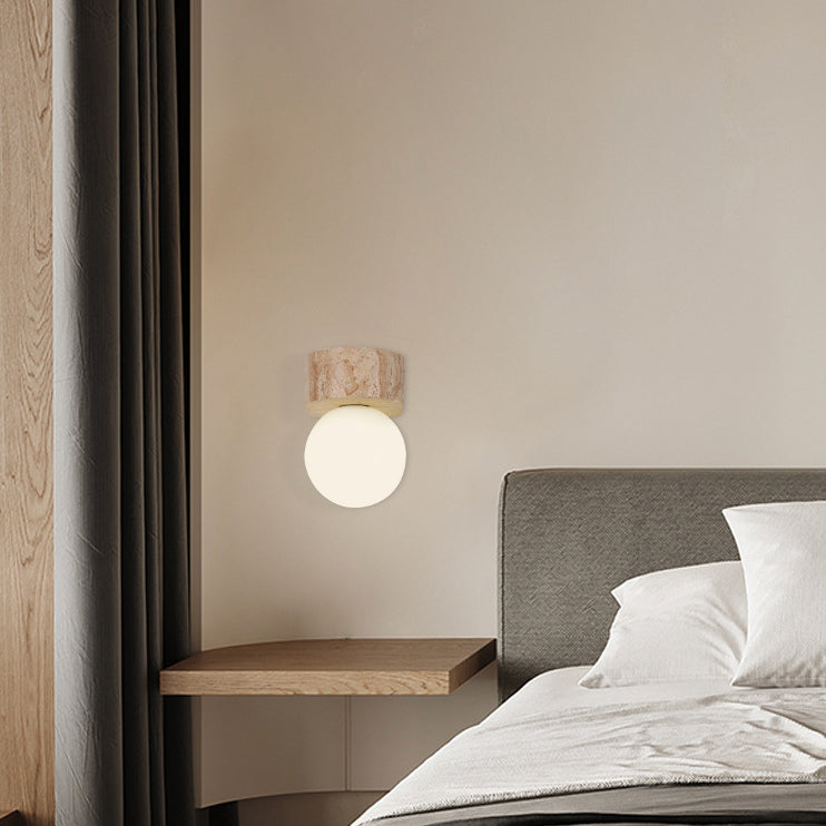 Japanese Round Stone Wooden Globe 1-Light Wall Sconce Lamp
