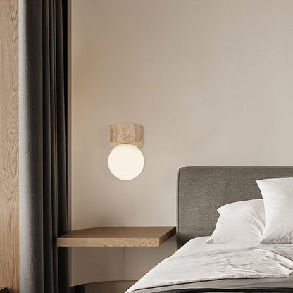 Japanese Round Stone Wooden Globe 1-Light Wall Sconce Lamp