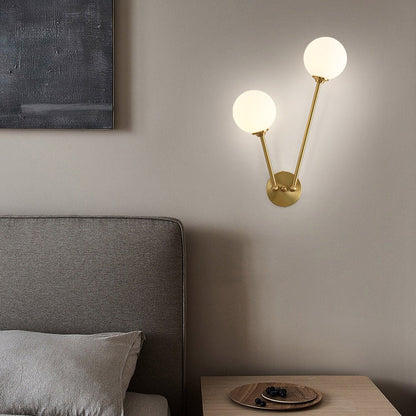 Nordic Copper Glass Ball V-Shaped 2-Light Wall Sconce Lamp