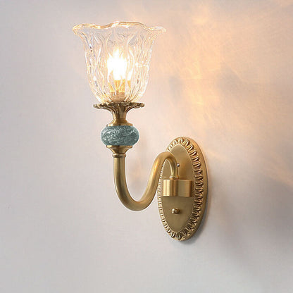 Floral Glass Brass Curved Arm 1/2 Light Wall Sconce Lamp