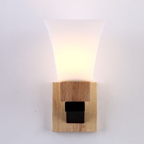 Quadrangular Solid Wood Iron Glass 1-Light Wall Sconce Lamp