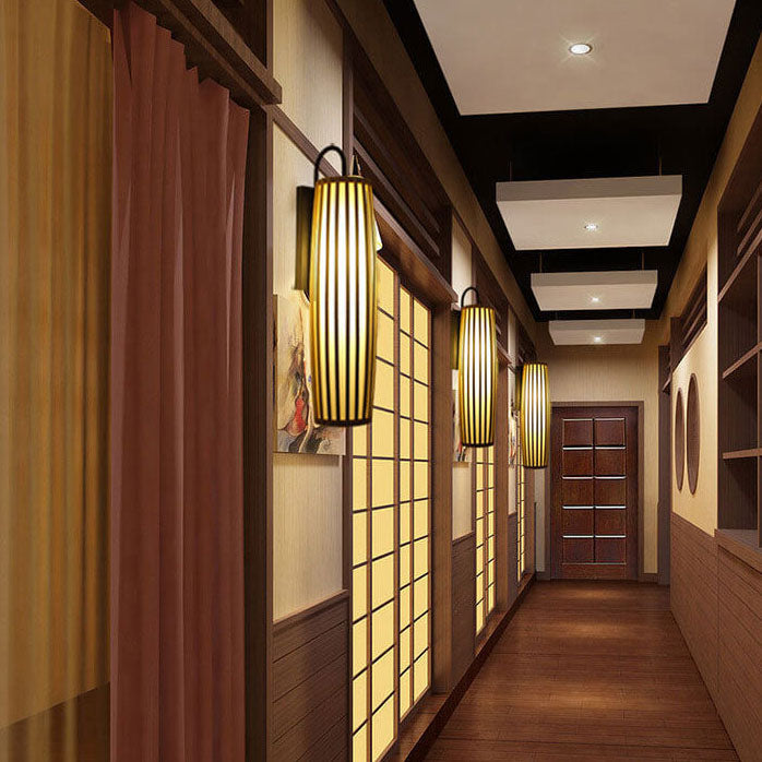 Chinese Bamboo Iron Lantern Column 1-Light Wall Sconce Lamp