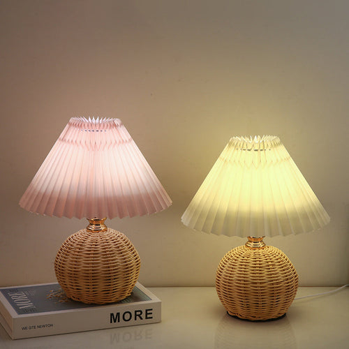 Contemporary Nordic Rattan Fabric Pleated Conic Ball LED Table Lamp For Bedroom