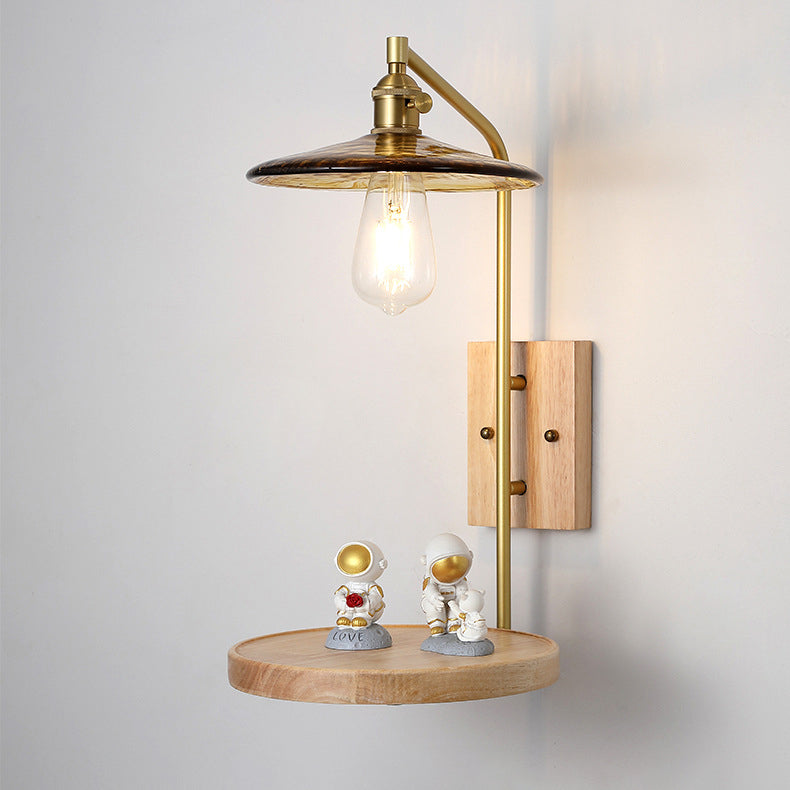 Traditional Round Wood Iron Glass 1-Light Wall Sconce Lamp