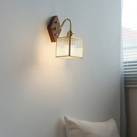 Square Copper Glass Wood 1-Light Wall Sconce Lamp