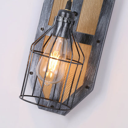 Industrial Pine Wood Iron Cage 1-Light Wall Sconce Lamp