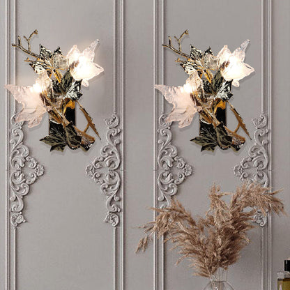 Copper Glass Maple Leaf Branch 2-Light Wall Sconce Lamp