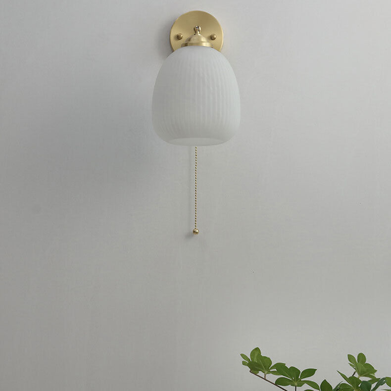 Nordic Striped Milk Glass Brass Pull Cord Wall Sconce