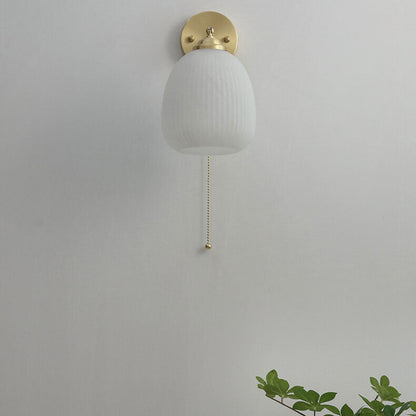 Nordic Striped Milk Glass Brass Pull Cord Wall Sconce