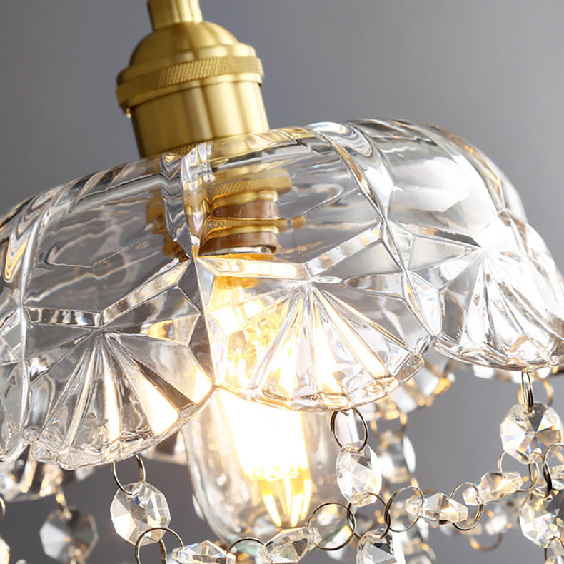 Round Carved Brass Glass Crystal 1-Light Pendant Light