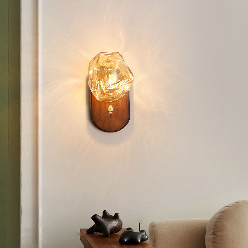 Japanese Shape Solid Wood Glass 1-Light Wall Sconce Lamp