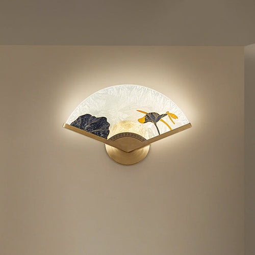 Chinese Glass Folding Fan Shaped Brass LED Wall Sconce Lamp